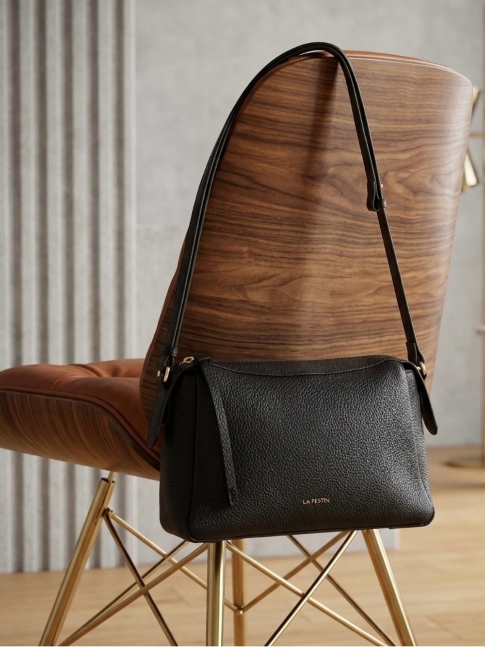 Black Pebbled Leather Shoulder Bag with Adjustable Strap